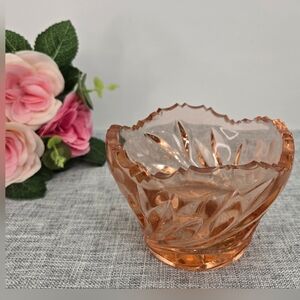 Vintage‎ Federal Pink Pressed Glass Trinket Bowl 1950s Etched Floral Pattern